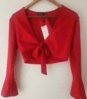 Womens Front Tie Crop Top Red Long Sleeve jacket bolero Sz 14
