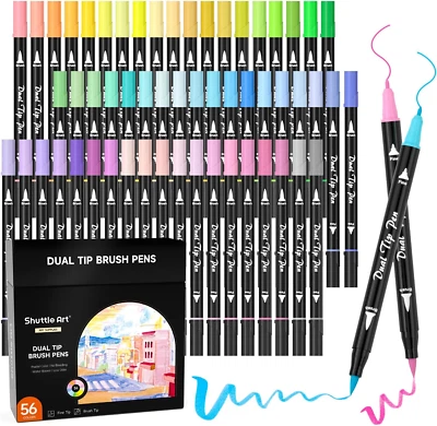 56 Pastel Colors Dual Brush Pen Art Markers, Fine and Brush Tip Markers Perfect