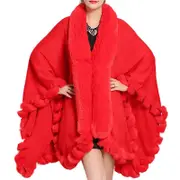 Nevenka Womens Faux Fox Fur Trim Cardigan Shawl Oversized Cape-Red