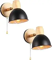 E27 Vintage Wood Light Indoor with Pull Cord Switch Wall Lamp Adjustable Rotatable Wall Sconce Black Lighting (Not Included Bulb) for Bedside Living Room Hallway (Black,2 Packs)