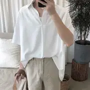 Half-Placket Elbow-Sleeve Plain Shirt Black - XXL