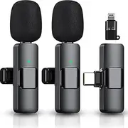 2 Pack Wireless Microphone for iPhone, Android, Camera, iPad, USB C Microphone, Wireless Lavalier Mini Microphone, Plug-Play Wireless Mic for iPhone Video Recording, YouTube, Interview, Vlog