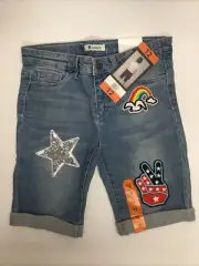 Tractr Sequined Patched Stretch Denim Bermuda Blue Shorts, Sz 12