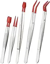 uxcell Craft Tweezers with Rubber Tips, 5 Pcs PVC Coated Set Long Stainless Steel Bent Straight Flat Tip Tweezers for Stamp Crafts Beads Jewelry Tools, Red 4.3" 4.5" 5.9" 6.1"