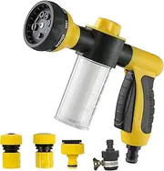 Garden Hose Spray Nozzle – Water Foam Gun with Reservoir for Soap/Fertiliser – 8 Mode Jet Wash Sprinkler - Hose Pipe Sprayer with Dispenser for Pets, Car Washing, Gardening, Lawn Yellow