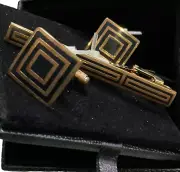 NIB Black and Gold Geometric Shape Cuff Links & Tie Clasp Bar