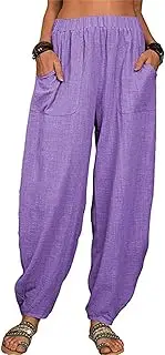 [Generic] Women's Cotton Linen Casual Pants Elastic High Waist Boho Harem Yoga Pants Comfy Loose Fit Summer Pants with Pockets