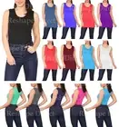 Womens Scoop Neck T-Shirt Ladies Sleeveless Long Stretch Plain Vest StrappyTop