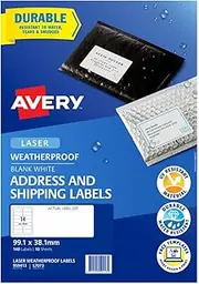 Avery Weatherproof A4 Labels for Laser Printers - Printable Packaging, Shipping & Address Labels - Mailing Stickers - Small Business Supplies - 99.1 x 38.1 mm, 140 Labels / 10 Sheets (959413 / L7073)