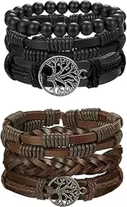 [Kakonia] 6pcs Mens Leather Bracelet Wrap Cuff Bracelets with Hemp Cords Wood Beads Ethnic Tribal Believe Charm