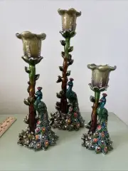 Enameled Candlesticks 3 Peacock Crystals Stunning Flowers Birds