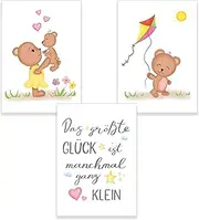 3 Picture Set Bear with Saying for Children's Room - Decorative Pictures for Girls or Boys, Children's Pictures, Baby Room Decoration, Wall Saying (3 x DIN A4 without Picture Frame)