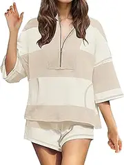 [Generic] Fashion 2 Piece Workout Sets For Women 2025 Summer Going Out Striped Oversized Outfit Lounge Top And Shorts Sets With Pockets