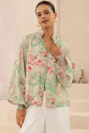 Faye Blouse - Mandarin Collar Balloon Sleeve Button Down Shirt in Rosemarie Print
