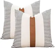 Vfuty Farmhouse Stripe Pillow Cover 18x18 Modern Faux Leather Accent Pillow Case for Couch Sofa Bed Boho Home Decor, Brown and Beige (Pack of 2, Cover ONLY)