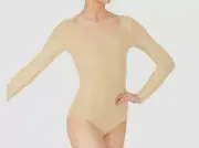 $49 Bloch Women's Beige Solid Long Sleeve Scoopneck One Piece Leotard Size 6