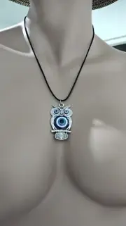 NEW Stunning Owl Pendant Necklace Silver Tone Leather Cord Evil Eyes Beautiful
