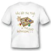 Who left the toys in the bathroom. Cat Kitten humor funny black or white tee