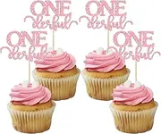 Gyufise 24Pcs Onederful Cupcake Toppers Glitter Onederful Cupcake Picks Onederful Cupcake Decorations for Baby Shower Kids first Birthday Theme Party Cake Decoration Supplies Pink