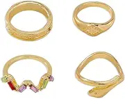 [Jumwrit] Vintage Knuckle Rings Gold Evil Eye Ring Dainty Snake Ring Colourful Rhinestone Ring Bohemian Band Ring Stackable Finger Rings Midi Rings Set for Women Girls(4PCS)