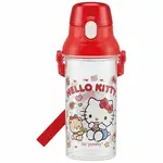 小禮堂 HELLO KITTY 日製 透明直飲式水壺附背帶 塑膠水瓶 兒童水壺 480ML (紅 餅乾)