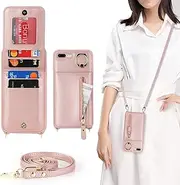 Cavor Vertical Flip Cover for iPhone 7 Plus Leather Case iPhone 8 Plus Case 5.5'' Crossbody Wallet Card Slots with 360°Rotation Ring Holder Kickstand & Long Shoulder Lanyard Strap-Rose