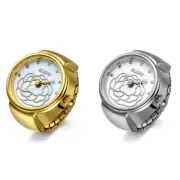 Women's Flower Print Finger Ring Watches Elastic Band Quartz Analog Watch Gift