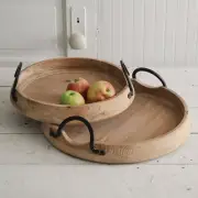 2 Serving Tray Abrams Round Wood Caddy Handle Primitive Rustic Country Farmhouse