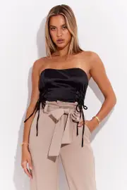 Black Satin Corset Drawstrings Crop - Size 14, Women's Crop Top