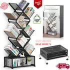 9 Tier Folding Tree Bookshelf, Tall Bookcase with Storage Cabinet, Modern Narrow