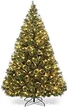 COSTWAY 1.8 M/6ft Pre-Lit Pine Artificial Christmas Tree with 260 LED Lights & 49 Pine Cones, Realistic PVC Tree with Foldable Metal Stand