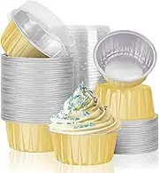 50Pcs Aluminum Foil Baking Cups with Lids, Gold, 5oz 125ml Ramekin Cupcake Liners Muffin Liners Mini Pie Pans Foil Cupcake Containers for Christmas Wedding Birthday Party Picnic Camping
