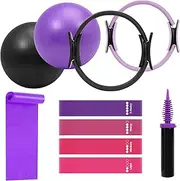 Pilates Ring Fitness Circles Set, Dual Padded Handles Home Pilates Equipment Set for Women Includes 2 Pilates Ring, 2 Pilates Mini Ball, and 5 Resistance Bands at Home Pilates Workout Set