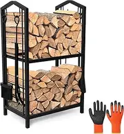 Firewood Rack with 4 Tools Set - Heavy Duty Steel Firewood Storage Log Holder Includes Poker, Brush, Shovel & Tongs + Free Heat-Resistant Gloves | Rust-Resistant Indoor/Outdoor Use (45x30x75cm, Black)