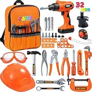 JOYIN 32 PCS Kids Construction Tool Toy Set Backpack of Tool Toys with Electric Power Drill Toy, Construction Helmet, Construction Tool Accessories for Cosntruction Pretend Play