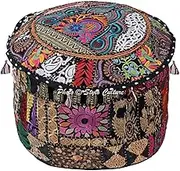 Round 16" Ethnic Cotton Patchwork Embroidered Ottoman Stool Pouf Cover Black Floral 40 cm Footstool Floor Cushion Cover Ethnic Decor