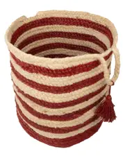 LR Home Striped Hand-Braided Light Jute Red Decorate Storage Basket