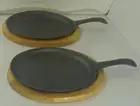 9" x 7" Oval Cast Iron Fajita Skillet with Handle & Wooden Base (Set of 2)