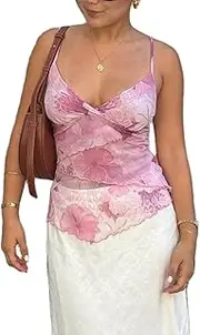 [SOOKABEILA] Women Y2k Lace Trim Cami Top Spaghetti Strap Sheer Mesh V Neck Camisole Summer Sexy Backless Tank Tops Outfits, Cute Pink, Medium