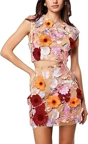 [RanRui] Women 2 Piece Outfits 3D Floral Embroidery Sheer Mesh Lace Bodycon Tank Top mini Skirt Set Slim Fit short Skirt Suit