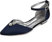 [Creative Sugar] Creativesugar Women Flat Dress Shoes, Pointed Toe D'Orsay Ankle Strap Pearl Crystal Bridal Wedding Flats