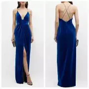 Aidan Mattox Blue Velvet V-Neck Front Twist Gown Dress Size 6 $300 Formal