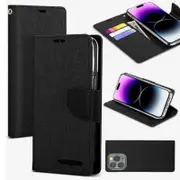 Goospery Canvas Apple iPhone 14 Pro Max Wallet Leather Case Denim Stand Flip Fabric Pouch Credit Card Slots Cover - Black