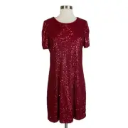 DKNY Women's Cocktail Dress Size 10 Red Sequined Short Sleeve Shift
