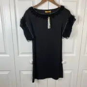 Alice + Olivia Size XS 100% Silk Satin Black Dress Shift Kimon Beaded Mini Gown