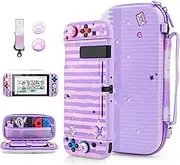 FUNDIARY Purple Cartoon Cat Carrying Case for Nintendo Switch, Cute Portable Travel Case Pouch with Soft TPU Protective Shell, HD Screen Protector, Adjustable Shoulder Strap and 2 Cat Paw Thumb Caps