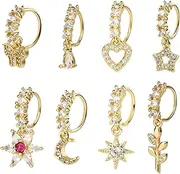 [Mikovivi] 8pcs Dangle Nose Rings Hoop for Women, Copper Gold Moon Star Heart Flower Butterfly Nose Piercing Jewelry Fashionable Accessories for Party Birthday Prom, Medium, Copper, no gemstone