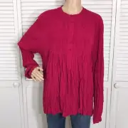 NWT Sundance Magenta Pink Crinkle Blouse Rayon Banded Collar Top with Placket XL