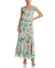 Eliza J V Neck Flutter Sleeve Asymmetrical Ruffle Gown