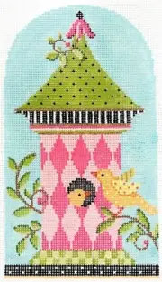 Needlepoint Handpainted Kelly Clark Birdhouse Pink Harlequin 4x7